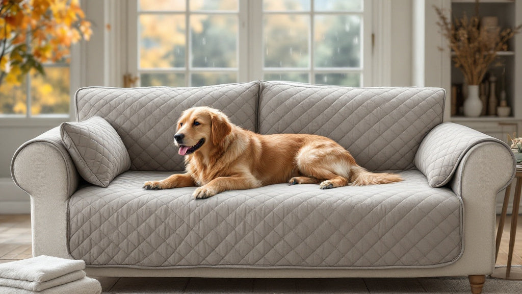 Chien couché sur une housse canapé imperméable chien matelassée grise, pluie d'automne à la fenêtre