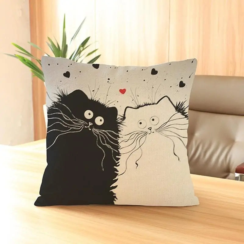 CHAT CARTOON - Housse de coussin taie d'oreiller en coton et lin - Housse De France