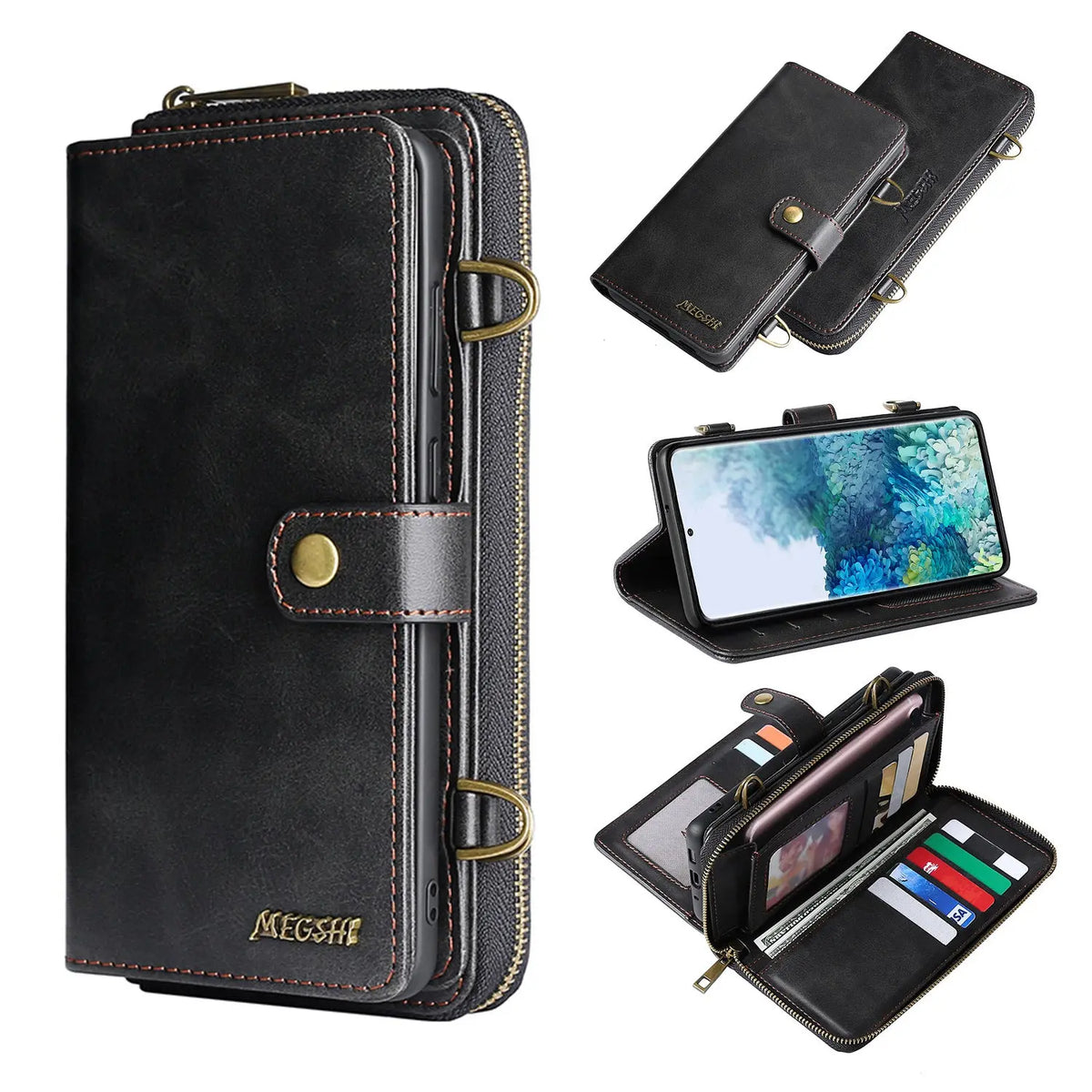 Coque de Téléphone Flip PU MEGSHI Black-Iphone13Pro