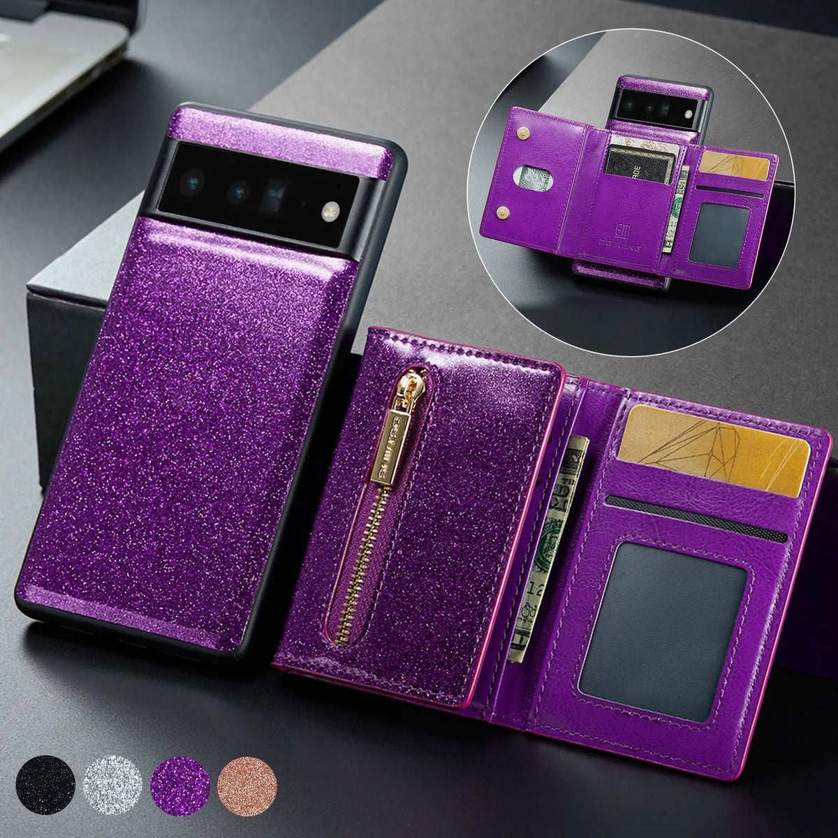 Coque de Téléphone Magnetique Lambskin LUNAR Violet Color-IPhone14Pro Sets Of 3