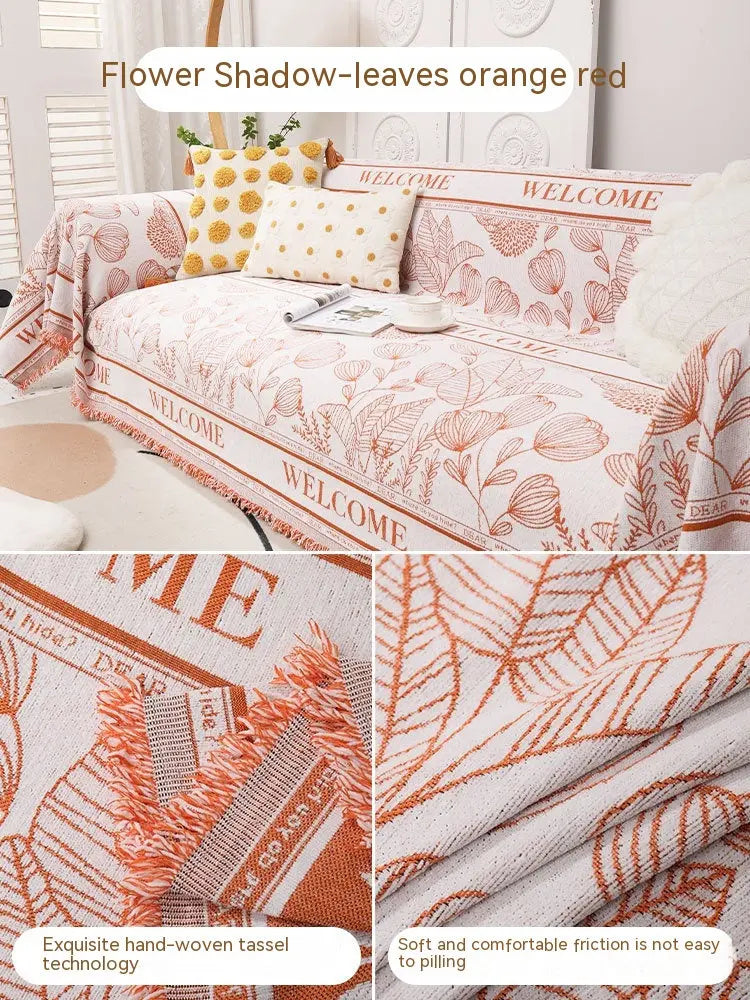 Plaid Canapé Chenille Floral **CHENOVA** Leaves Orange Red-180x280cm