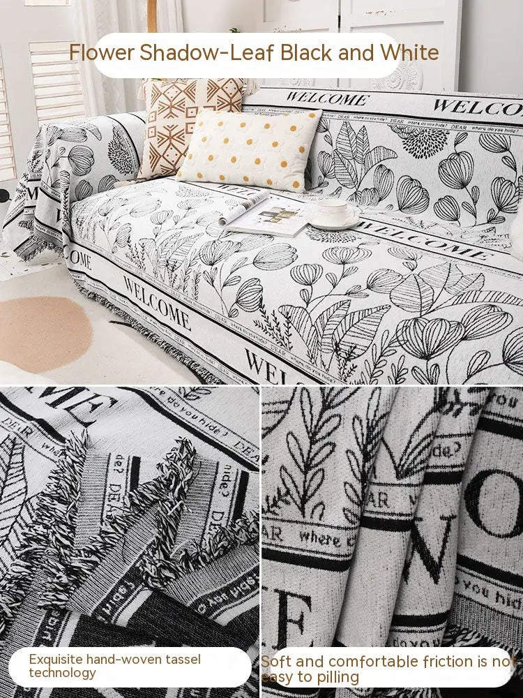 Plaid Canapé Chenille Floresta Leaves Black And White-180x380cm
