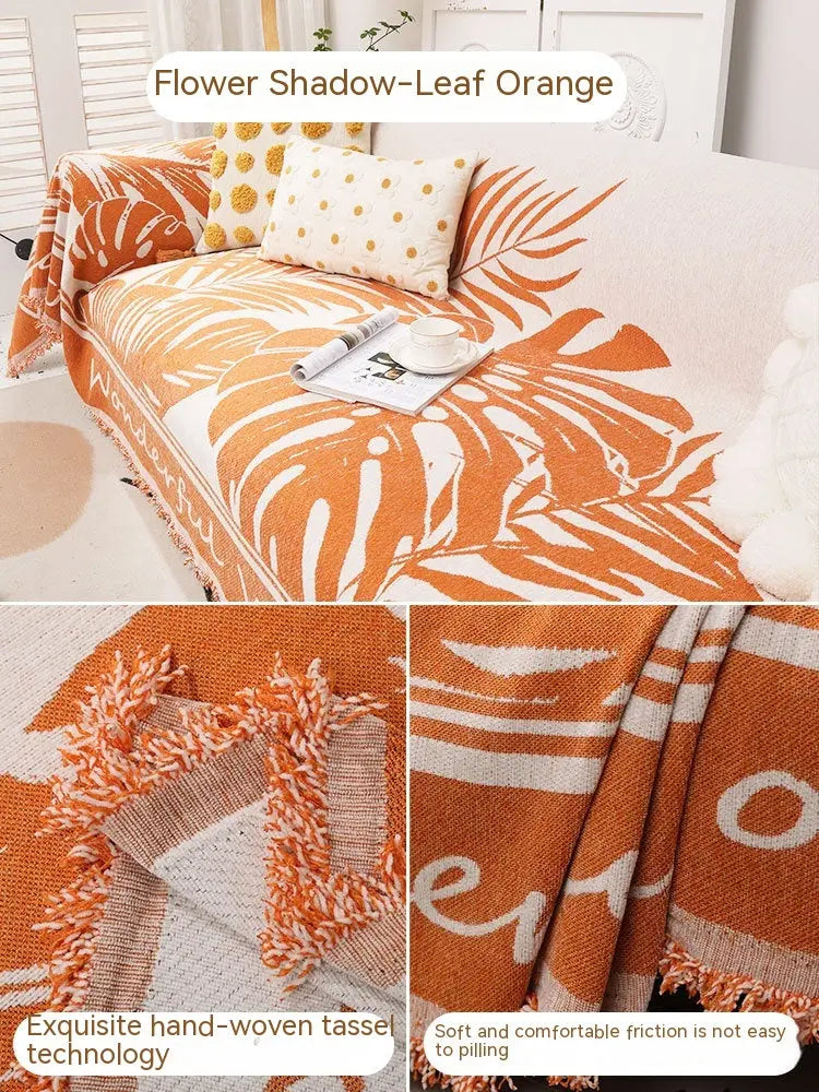 Plaid Canapé Floral Chenille BLOSSOM Leaf Orange-180x380cm