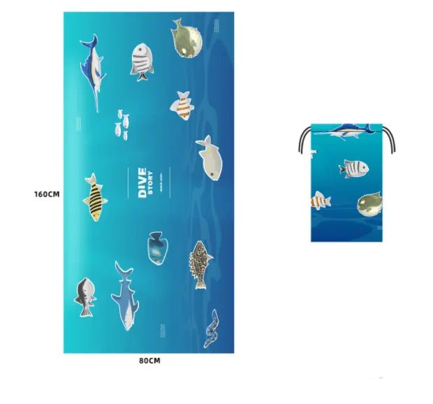 Serviette Plage Microfibre VAIANO Ocean blue fish-80x160cm printed storage bag
