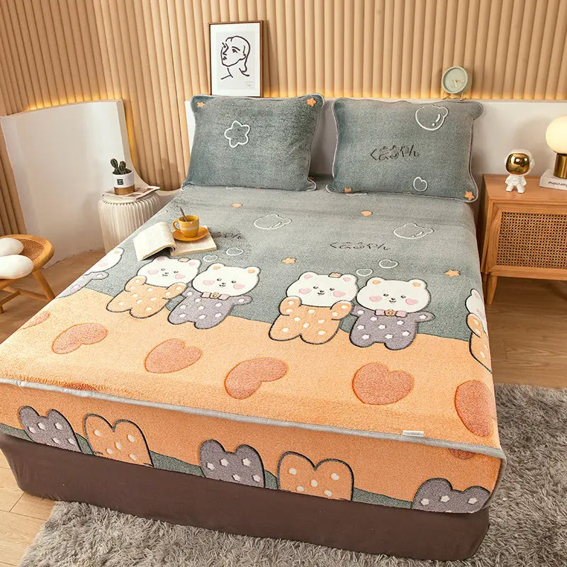 Housse Matelas Velours Anti-glisse BLOSSOM Happy bear-200x220cm