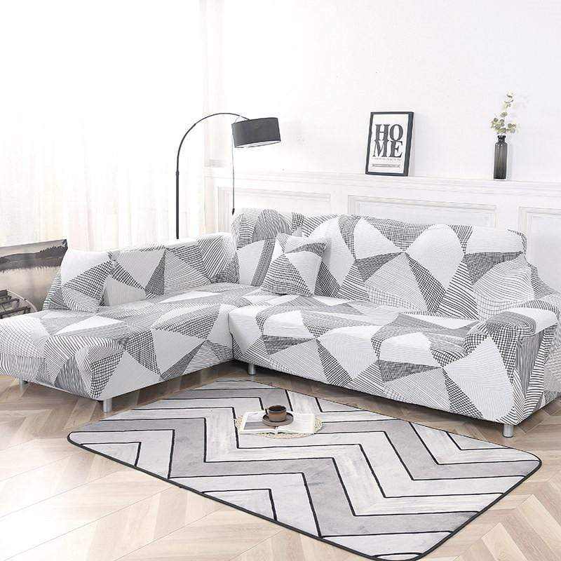 Housse canapé d'angle extensible GRIS BLANC GEO - Housse De France