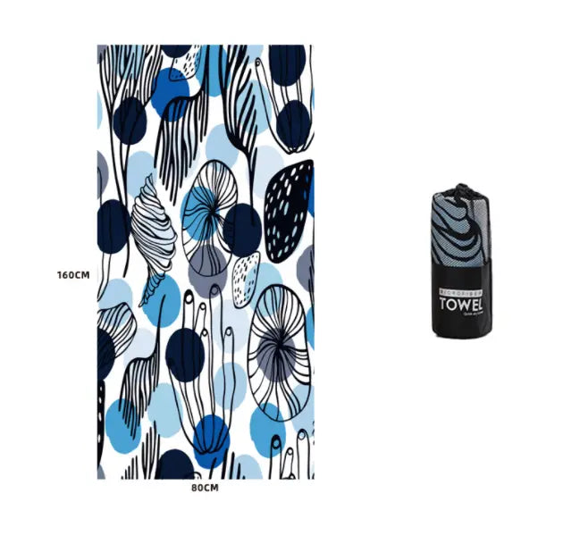 Serviette Plage Microfibre VAIANO Deep lake blue lotus leaf-80x160cm Round mesh bag