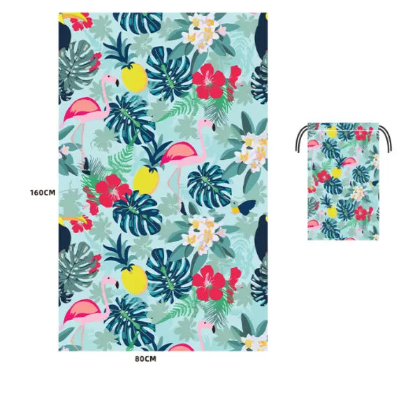 Serviette Plage Microfibre VAIANO Flower blue flamingo-80x160cm Round mesh bag